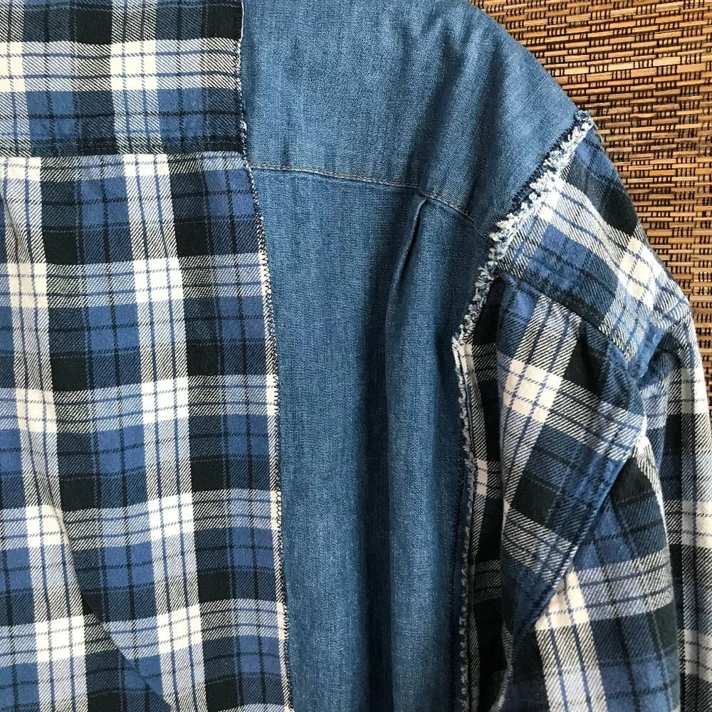 Upcycled Denim Plaid Flannel Jean Jacket, Boho Patchwork Shirt Plus Size XL - 2X - Picture 6 of 9
